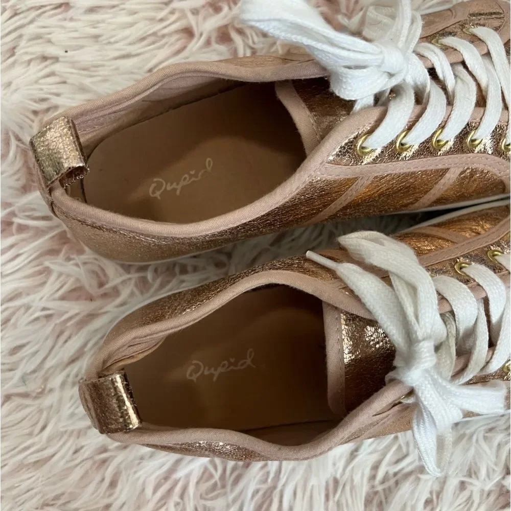 Qupid‎ Maniac-17 Rose Gold Metallic Distressed Flatform Creeper Sneakers Sz 8